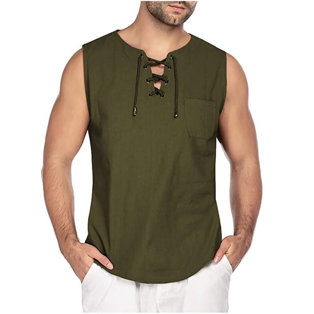 Styesk Tank Tops Men Men's Fashion Drawstring Color Cotton And Linen Sleeveless T-shirt Tops
