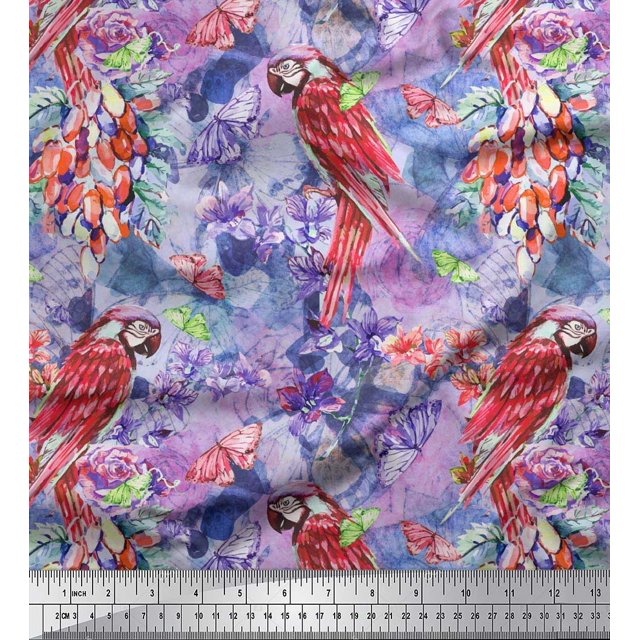 Soimoi Purple Velvet Fabric Floral,Insect & Parrot Bird Print Fabric by Yard 58 Inch Wide