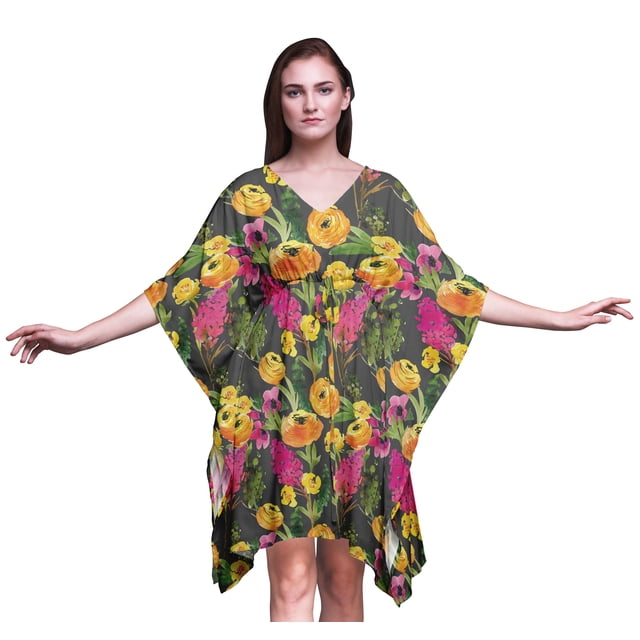 Bimba Kaftan de Plage à Fleurs, Paréo de Bikini, Robe Midi pour Femme, Caftan Court - TG-3X, Gris