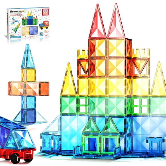 PicassoTiles Ensemble de 63 Pcs de Blocs de Construction Magnétiques Jouet de Construction Aimant Diamant Blocs Tile avec Voiture Camion Trousse d'Apprentissage STIM Éducation Précoce Ensemble de Construction Jouets pour Ch