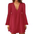 thumbnail image 1 of MAWCLOS Ladies Loose Hollow Out Mini Dresses Party Flared Sleeves Short Dress Claret 2XL, 1 of 2