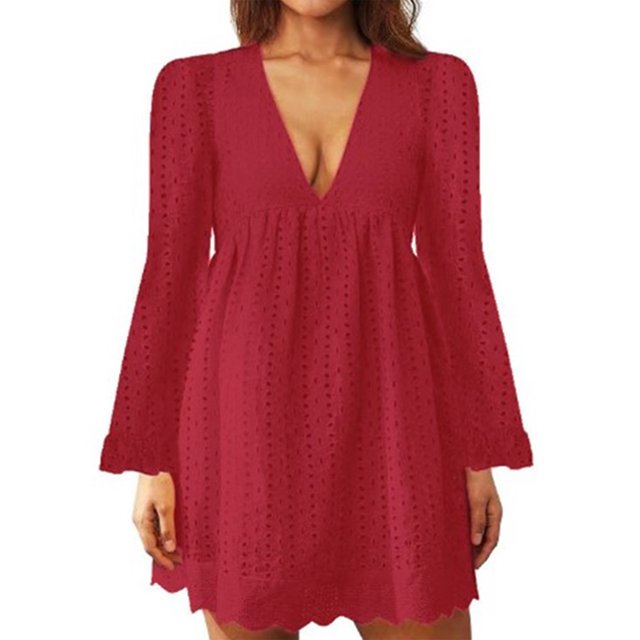MAWCLOS Ladies Loose Hollow Out Mini Dresses Party Flared Sleeves Short Dress Claret 2XL