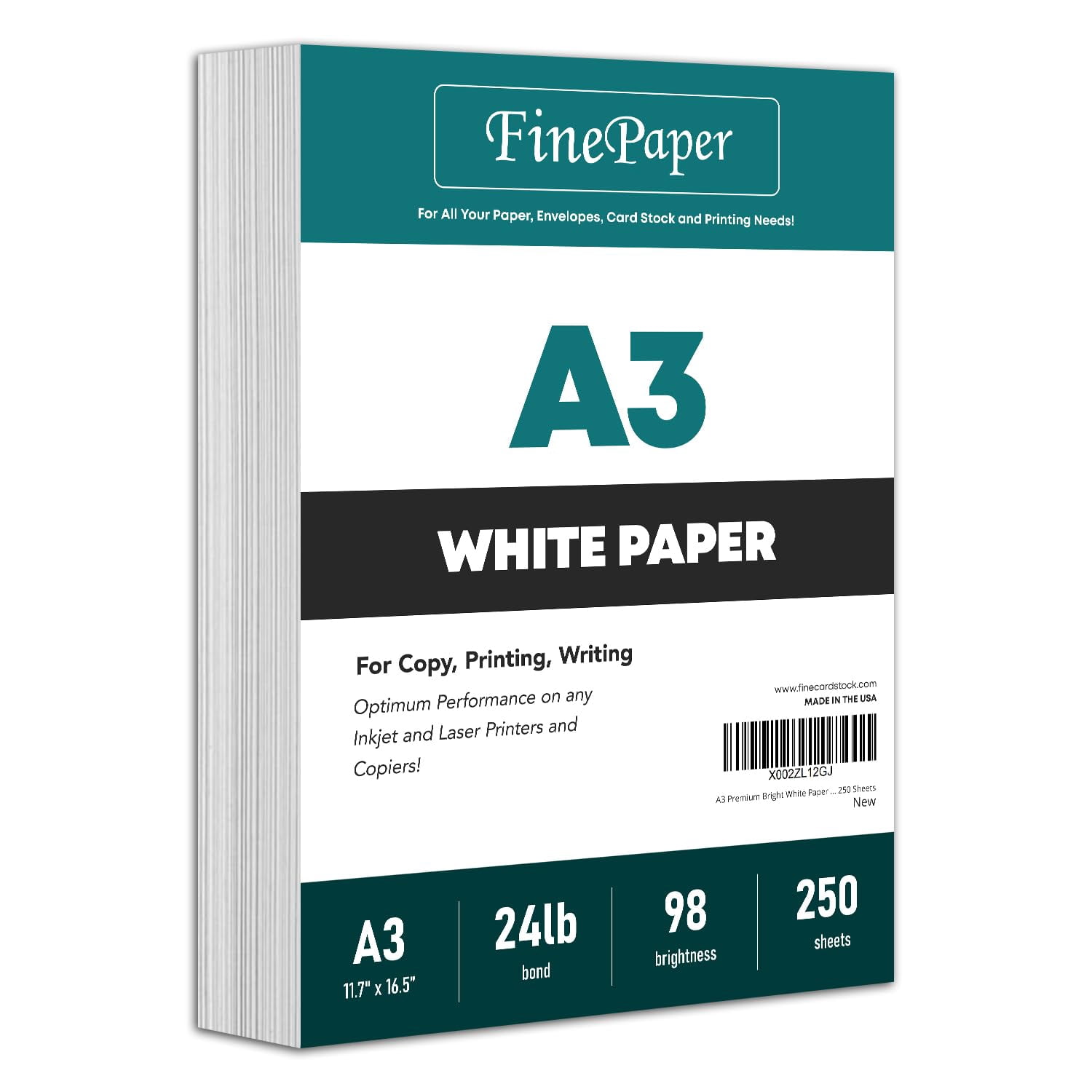A3 Premium Bright White Paper  Great for Copy, Printing, Writing | 297 x 420 mm (11.7" x 16.5") | 24lb Bond / 60lb Text (90gsm) | 250 Sheets per Pack