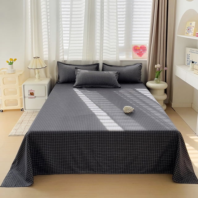 Feltree Checkered Washable Bed Sheet 220x230cm, Polyester Fitted Sheet with Anti-Slip Corners, Classic Plaid Pattern Home Textile Decor