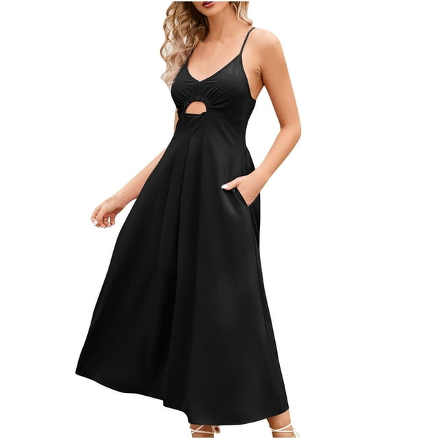 Robes d'Été à Bretelles Spaghetti pour Femmes Décontractées Sans Manches à Col en V avec Découpes, Fente Haute, Robe Maxi de Plage avec Poches