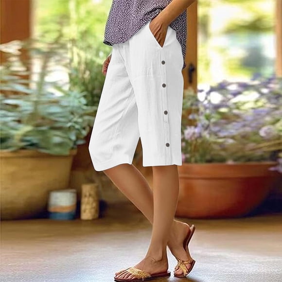 Thigh Society Shorts for Women White Linen Bermuda Shorts Womens Casual Loose Summer Cotton Linen Beach Shorts with Pockets White XXL