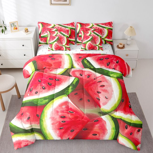 Erosebridal Ensembles de Literie à Imprimé Melon D\'eau Format Double, Ensembles de Douillette Thème Fruit 3D avec Draps, Réversible 7 Pcs