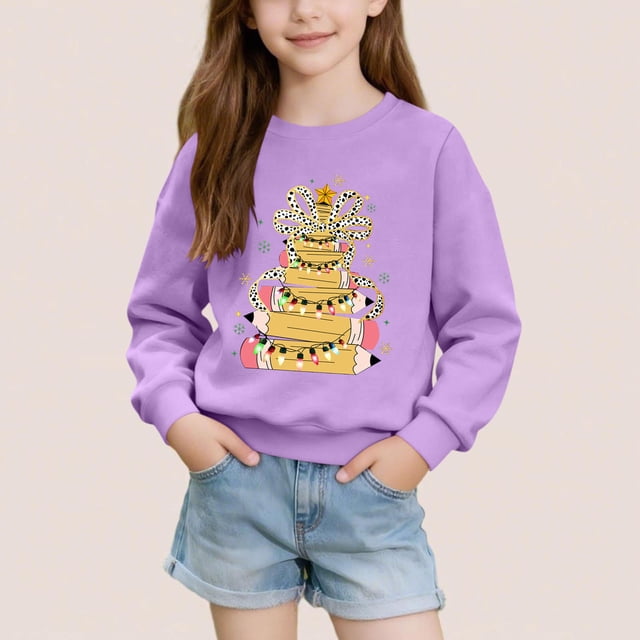 Cowsor Chandails pour Filles Enfants Mignon Graphique Col Rond Chandail à Enfiler Hauts Noël Manches Longues Chemises de Fête