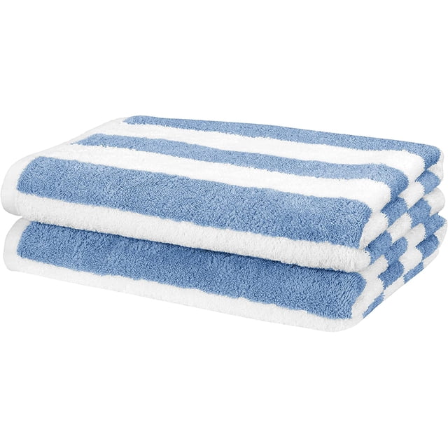 Serviette de Plage à Rayures Cabana - Lot de 2 en Bleu Ciel, Comprenant un Tissu Éponge Doux et durable Fabriqué à Partir de 100 % de Coton Filé à l'Anneau. Chaque Serviette Mesure 30 par 60 Pouces et Met en Valeur un Motif à Rayures Cabana avec des Bords Ourlés Professionnels pour une Force Accrue. Idéale pour la Plage Ou comme Accessoires de Salle de Bain, Ces Serviettes Offrent une Absorption et une Duvetosité Exceptionnelles des Deux Côtés. Fabriquées dans une Usine OEKO-TEX Standard 100 pour une Sécurité Élevée et des Normes