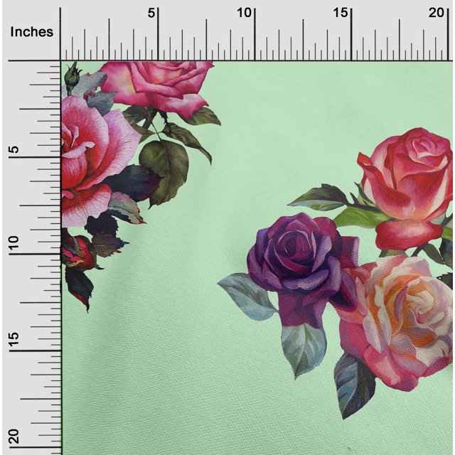 oneOone Tissu Polyester Lycra Feuilles et Roses Imprimés Aquarelle au Mètre 56 Pouces de Large