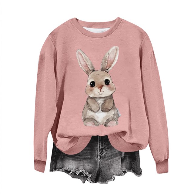 Penkiiy Chemises de Pâques pour Femmes 2024 Manches Longues Mignon Lapin Col Rond Chandail en Molleton Graphique Lapin Décontracté Été Blouse Tunique Hauts S Rose