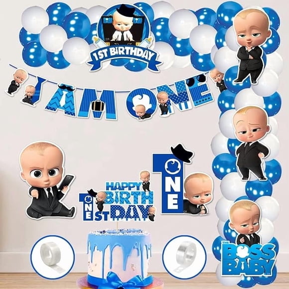 1st Birthday Boss Baby Theme Balloon arc decoration,Boss Baby Theme First Birthday for Boys with Birthday Paper Banner Cardstock Cake Toppers Balloons Birthday Decoration Kit (Pack of 60)