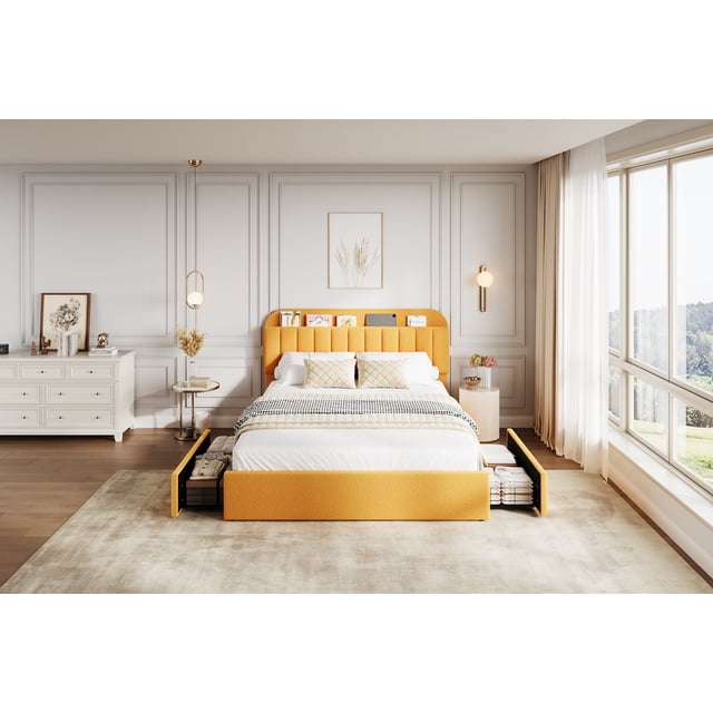 EDTara Kids Platform Bed with Soft Bouclé Upholstery, Bookcase Headboard, and 2 Under-Bed Storage Drawers, Easy Assembly, No Box Spring Needed