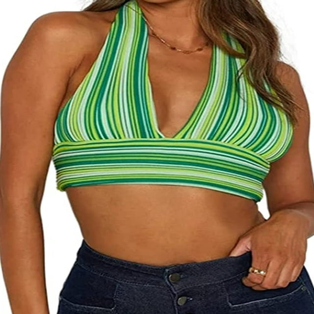 Débardeur Court à Col en V Profond pour Femmes, à Rayures, Dos Nu, Camisole