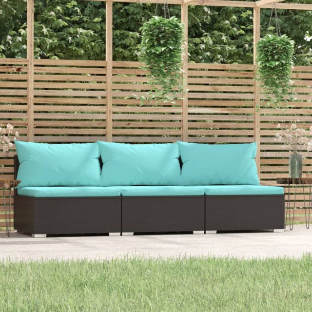 vidaXL Canapé 3 Places avec Coussins Noir Rotin Poly