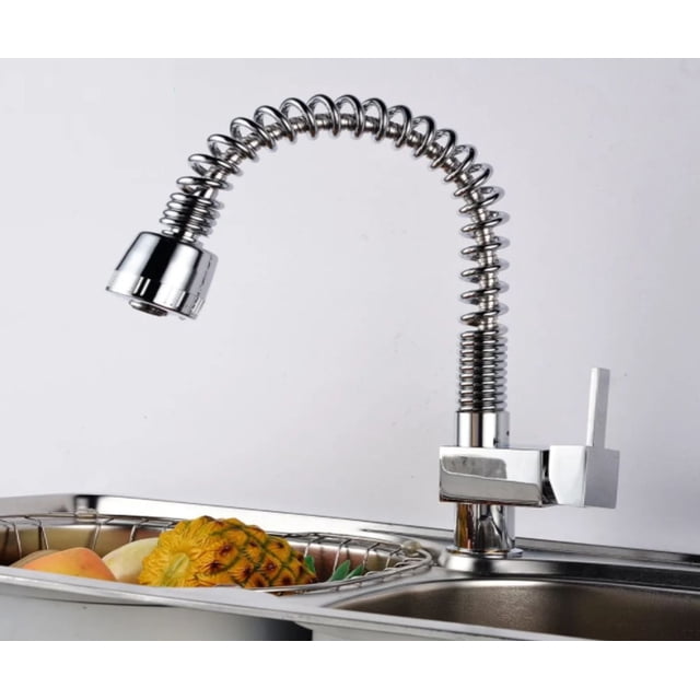 DROP Bath and Kitchen DR091025 Single Hole Brass Spring Kitchen Sink Faucet in chrome with a round flexible spring spout and single lever handle, installed above a stainless steel sink with fruit inside, suitable for kitchen renovation and pull-down faucet applications.