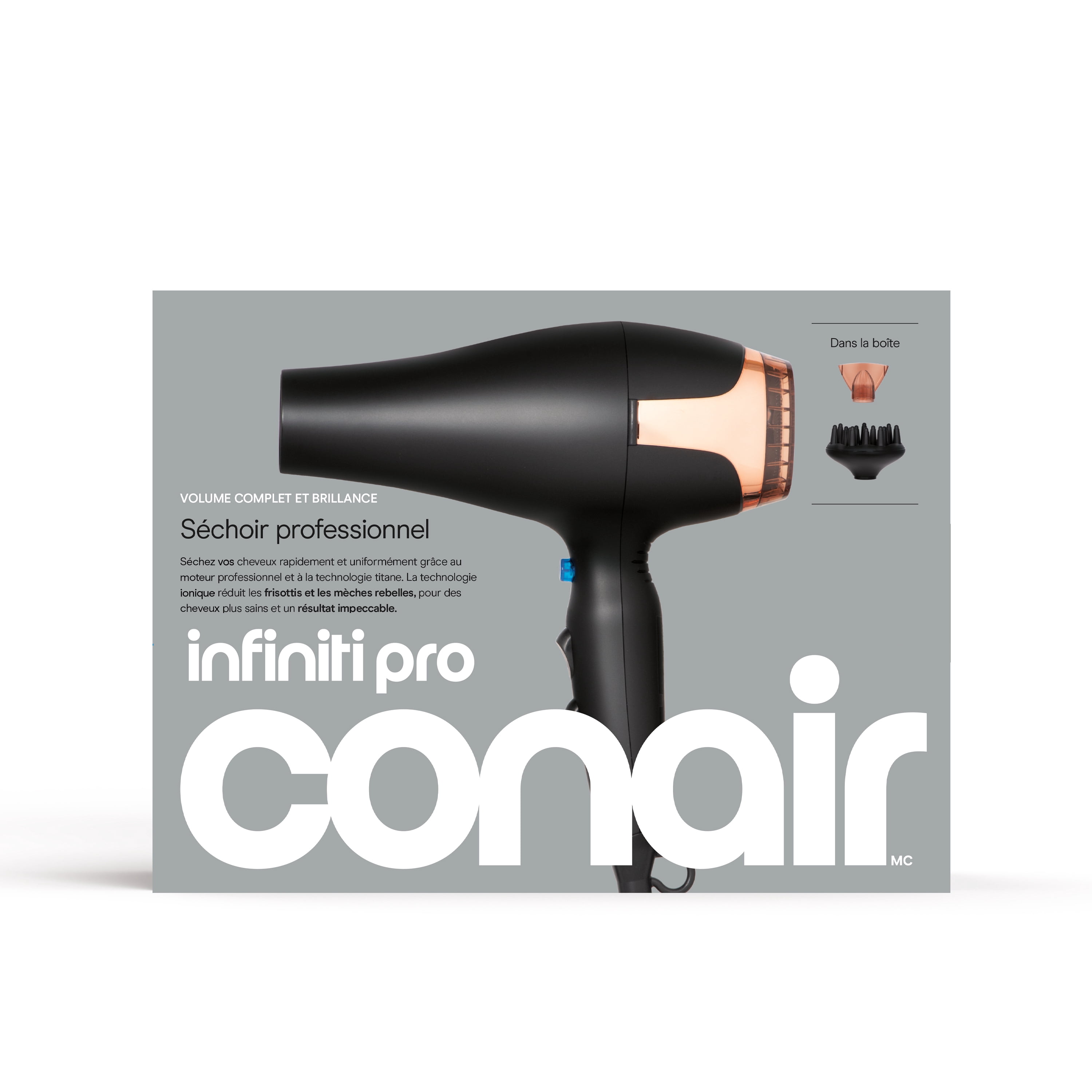 Sèche‑Cheveux 1875 W Moteur AC Professionnel InfinitiPRO par Conair, Tourmaline Céramique, Noir/Or Rose, 1 Pk