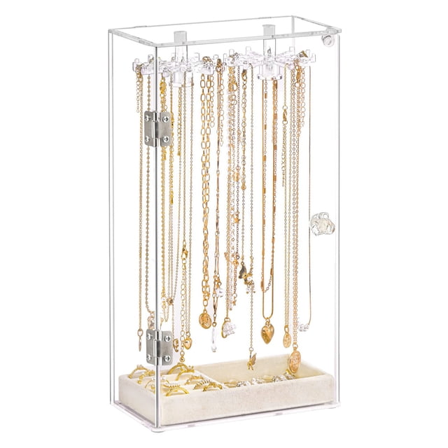 Riforla Acrylic Necklace Display Stand Desktop Jewelry Organizer Box with Door, featuring a transparent acrylic design with a hinged door for secure storage. Includes hooks for necklaces and bracelets, and a spacious base compartment for additional jewelry. Ideal for organizing and displaying jewelry collections on a tabletop.