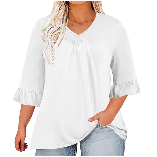 AherBiu Plus Size Tops for Women Ruffle 3/4 Length Sleeve Casual Blouses Summer Loose Flowy Comfy Tunic
