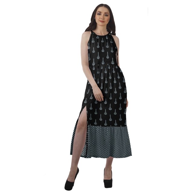 Moomaya Robe Longue Maxi de Fête pour Femmes en Rayonne Imprimée à Encolure Licou avec Fente avant