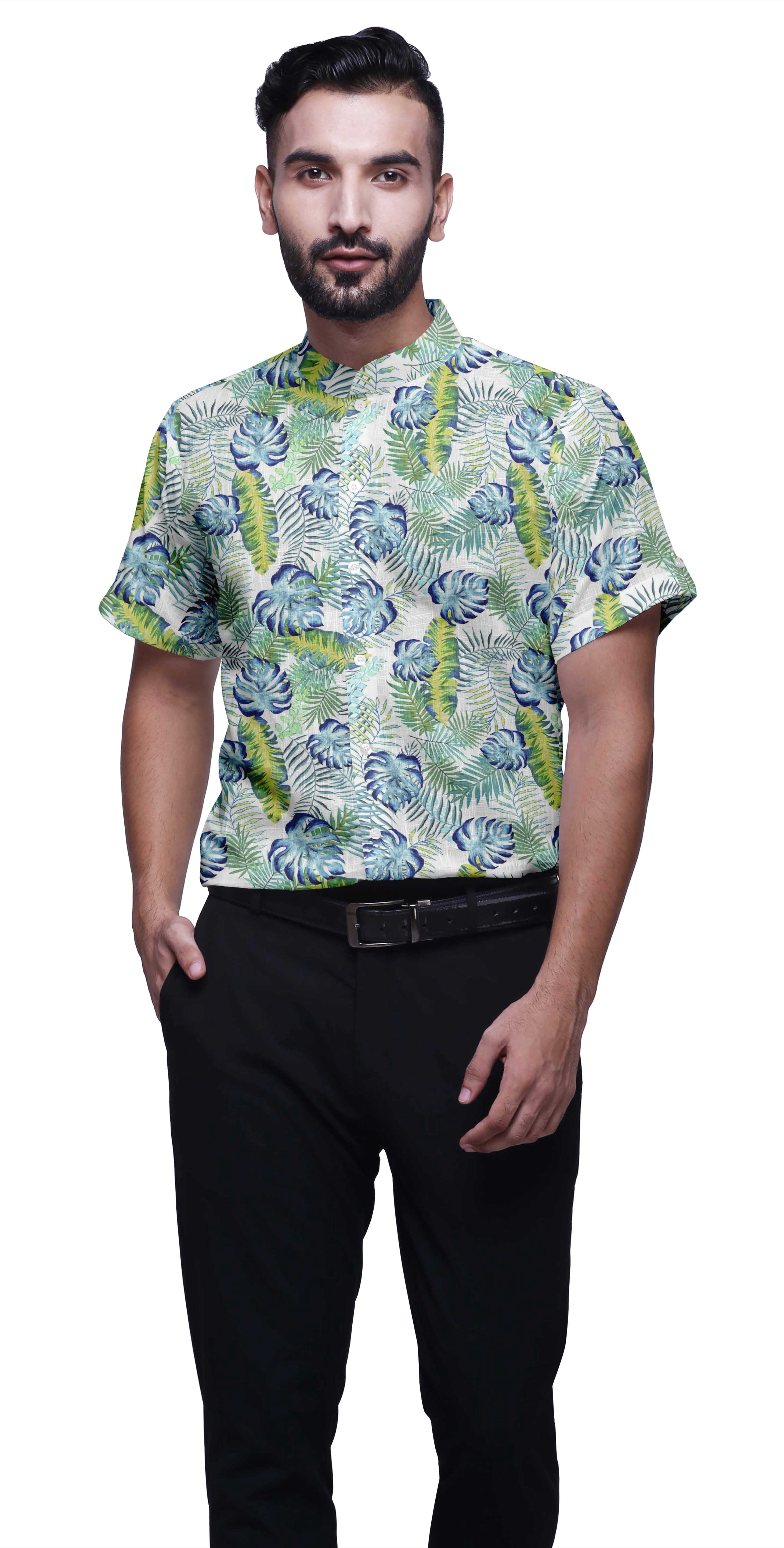 BESTMAN Short Sleeve Mandarin Collar Shirts For Men Cotton Button Down Shirt