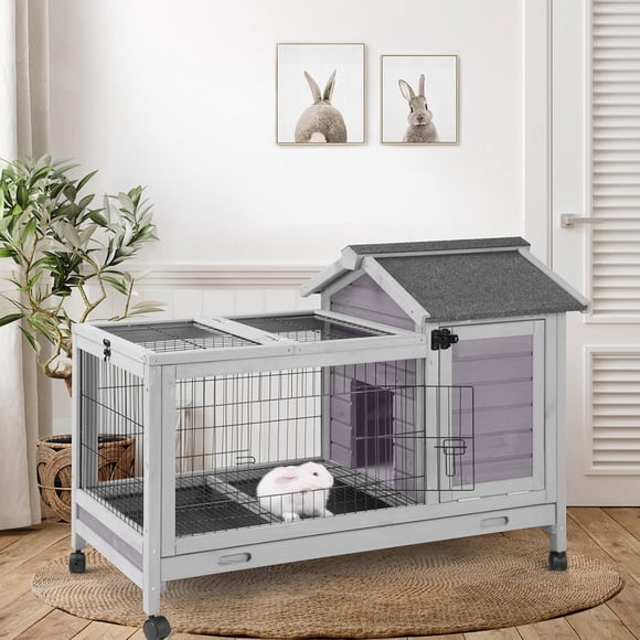 Aivituvin Rabbit Hutch Indoor and Outdoor, Rabbit Cage with Removable Wire Netting and Leak Proof Tray, Mobile Bunny Cage with Wheels