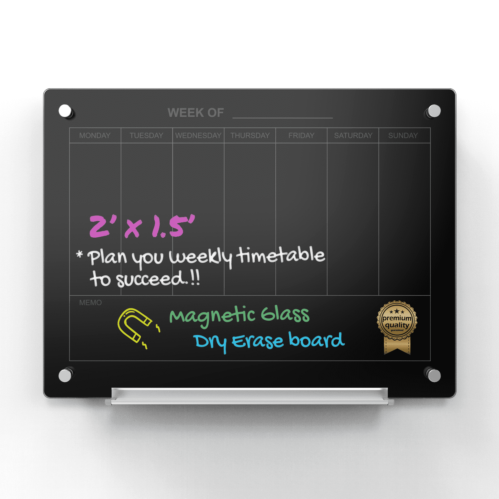 Audio-Visual Direct Glass Dry-Erase Calendar Whiteboard Set - 45 x 60 cm - (Magnetic, Black)
