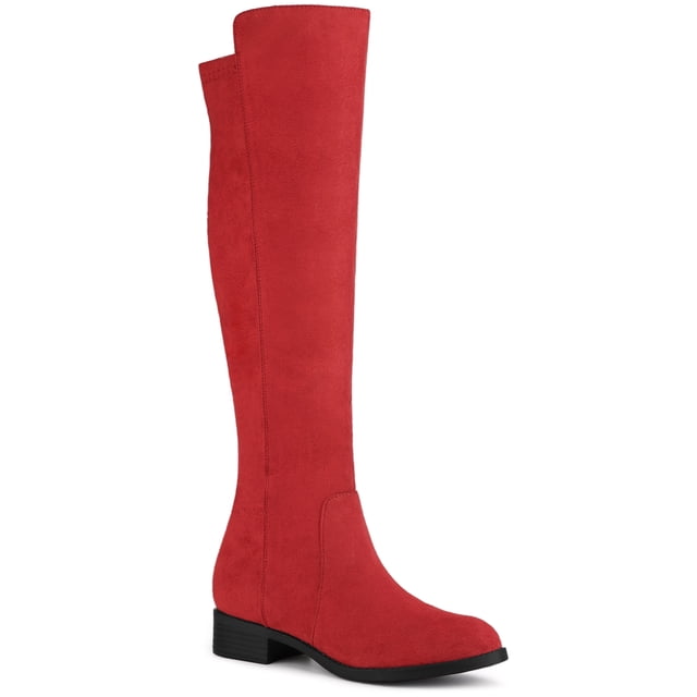 BLISSFUL STEP Women's Knee High Boots Chunky Heel Faux Suede Fall Winter Boots in red, size 6. These boots feature a sleek faux suede upper with a solid red color, a round toe, and a 1 3/8-inch chunky heel. Designed with a side zipper for easy wear, the knee-high silhouette offers a tailored fit and a polished look. The durable TPR outsole ensures reliable traction, making them suitable for various occasions, from casual outings to evening events.
