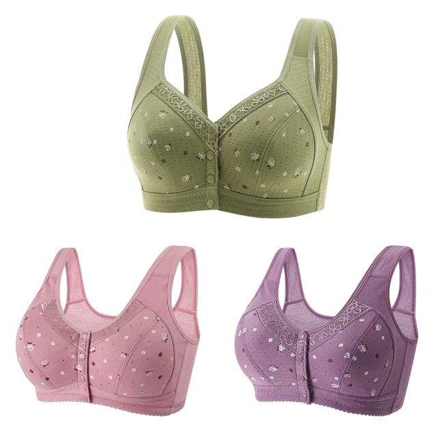 Timegard 3pc Plus Size Bras for Women Front Closure Button Full Support Bralette Comfort Seniors Bras