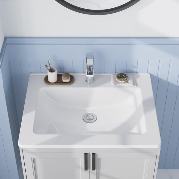 Lavabo de Salle de Bain Semi-Encastré 21,26 X 17,72 Po – Lavabo Carré en Céramique Blanche avec Trou pour Robinet Simple, Lavabo de Meuble-Lavabo à Encastrer, Lavabo de Meuble-Lavabo Blanc avec Trou pour Robinet Simple pour Petites Salles de Bain