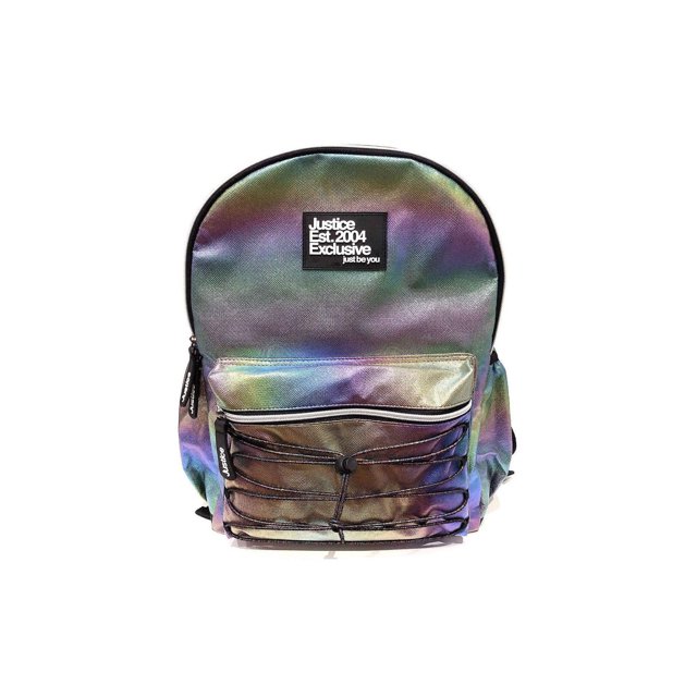 Justice™ Brand Girls Rainbow Multi Compartment 17” Backpack with iridescent rainbow fabric, zippered front pocket with black bungee cord, two side pockets, padded back and laptop compartment, Justice zipper pulls, and reflective strips on back straps, suitable for school and everyday use.