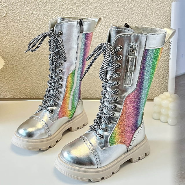 Mevxay Girls Lace Up Riding Combat Boots Fall Kids Mid Calf Shoes PU Leather Side Zipper Cowboy Punk Cute Goth Boot Silver 32