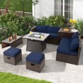 thumbnail image 3 of Patiojoy Ensemble de 9 Pcs de Meubles de Patio Extérieur avec Table de Foyer au Propane de 35 Pouces, Ensemble de Canapé Sectionnel d'Extérieur en Osier PE Gain de Place avec Coffre de Rangement et Coussins, Bleu Marine, 3 of 10