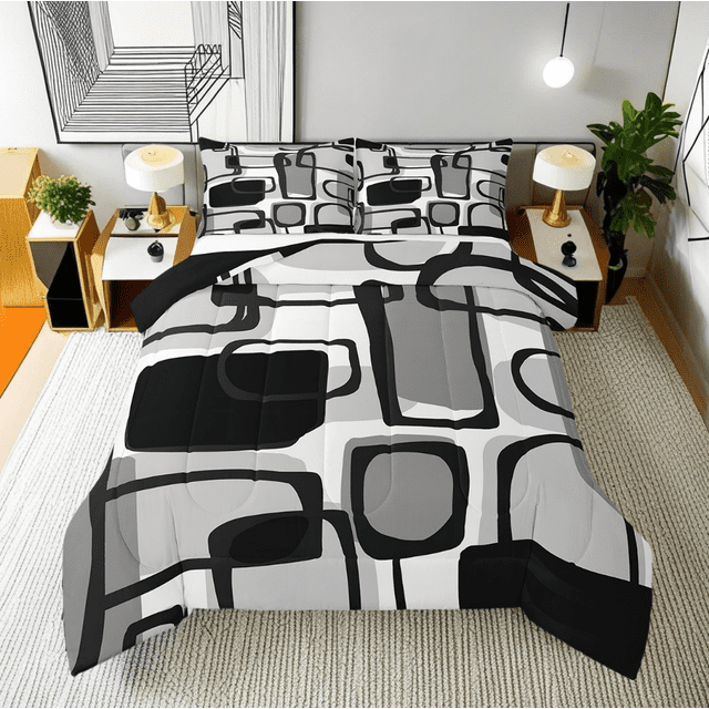 Erosebridal Abstract Sqare Bedding King Comforter Set,Geometric Rectangle Bedding Sets King with Comforter,Stripes Room Decorative,Reversible,Lightweight,3-Piece