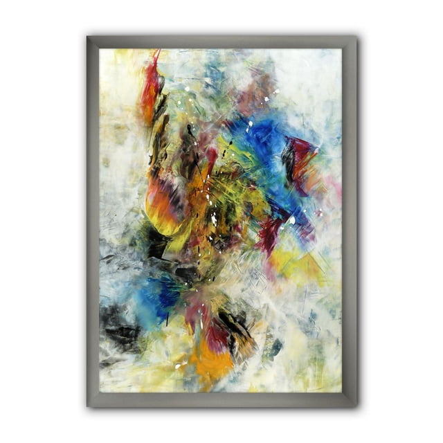 Designart Follow Your Dreams Framed Wall Art showing an abstract mix of blue, yellow, red, and black brushstrokes on a textured white and gray cotton canvas, mounted in a 1.5-inch gray frame. Printed with fade-resistant ink, it arrives ready to hang with included hardware, suitable for modern home or office décor.