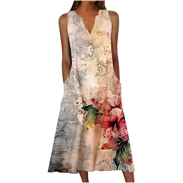 Ovzne Robes pour Femmes Robe Femme Robe d'Été Décontractée pour Femmes Dégradé Sans Manches Col en V Longue Robe Robe pour Femmes Liquidation