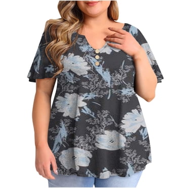 Pisexur Womens Summer Plus Size Tunic Tops, Basic Short Sleeve Oversized T Shirts for Women, Casual Flowy Tunics Blouses Floral Henley Shirts, XL-5XL