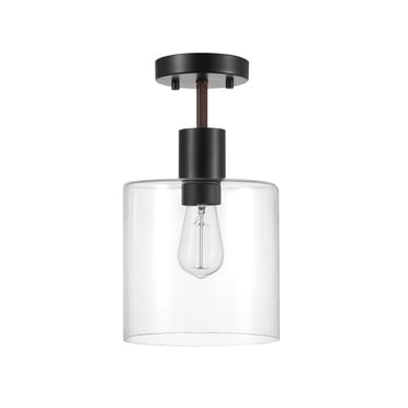 Globe Electric Sedona 1-Light Metal Flush Mount Ceiling Light, Matte Black, Faux Wood Accent, Clear Glass Shade, 60982