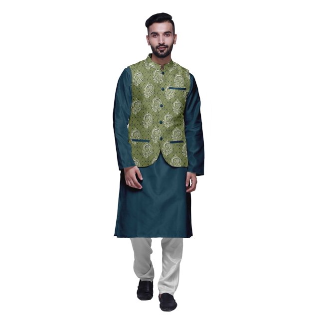 Atasi Kurta Pyjama Traditionnel Uni à Col Mandarin avec Ensemble de Veste Imprimée