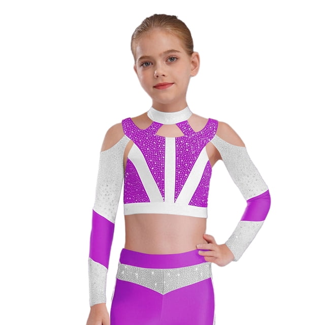 Eandarui Kids Girls Gymnastics Crop Tops Long Sleeve Shiny Rhinestone Color Block Design with Cross Back Cutout Purple 12