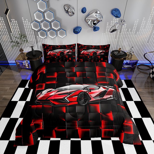 Erosebridal Neon Car Bedding Queen Comforter Set for Boys, Racing Car Down Comforter, Sports Decor, Reversible 3-Piece