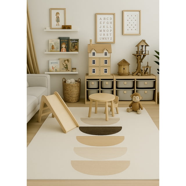 Rug Branch Tapis de Jeu Boho Doux pour Enfants, Tapis d'Intérieur pour Aire de Jeu dans une Chambre Neutre pour Enfants avec un Fond Crème et des Motifs Géométriques en Demi-Cercle en beige et Brun. la Chambre Présente une Petite Glissade en Bois, une table Ronde en Bois avec Chaise, Jouet Singe en Peluche, Unités de Rangement en Bois avec Bacs en Tissu Numérotés, et des Étagères Murales Tenant des Livres pour Enfants et des Imprimés Encadrés d'Alphabet et d'Étoiles.