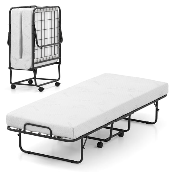 Gymax Lit Pliant Format Couchette avec Matelas, Lit d'Appoint Escamotable avec Matelas en Mousse Mémoire et Cadre en Métal