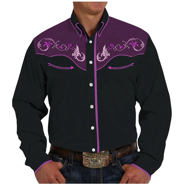 Chemise Décontractée pour Homme à Manches Longues, Coupe Ajustée, Style Western Cowboy, Brodée, Boutonnée, avec Poches avant