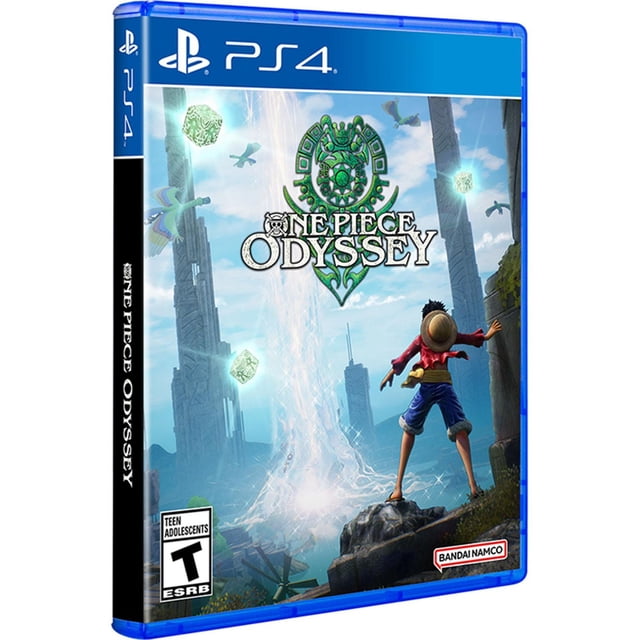 One Piece Odyssey PlayStation 4 game case showing Monkey D. Luffy on a rocky ledge facing a mysterious island with ancient ruins and glowing cubes, representing this RPG adventure by Bandai Namco with original character designs and immersive gameplay.