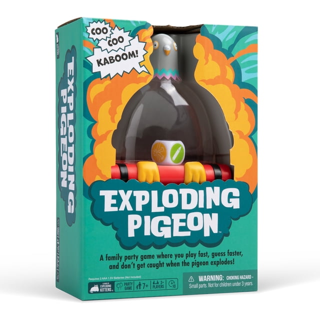 Exploding Pigeon party game in teal and orange packaging featuring a plastic pigeon toy holding a red timer and dice, designed for kids and family card games with 3 or more players aged 7 and up, including Exploding Kittens branding and safety warnings.