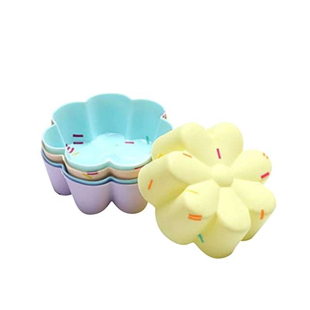 Silicone Baking Cups Muffin Baking Mould for 20 Pack Silicone Muffin Cup and Small Cake Cup Silicone Muffin Cups for Baking Square Silicone Baking Cups. The image shows a stack of colourful silicone baking cups in a flower shape, including yellow, blue, and purple, with sprinkles design. These reusable baking moulds are made of silica gel and are suitable for home and party use. Each set includes 20 cups in assorted colours: yellow, green, blue, purple, and orange.