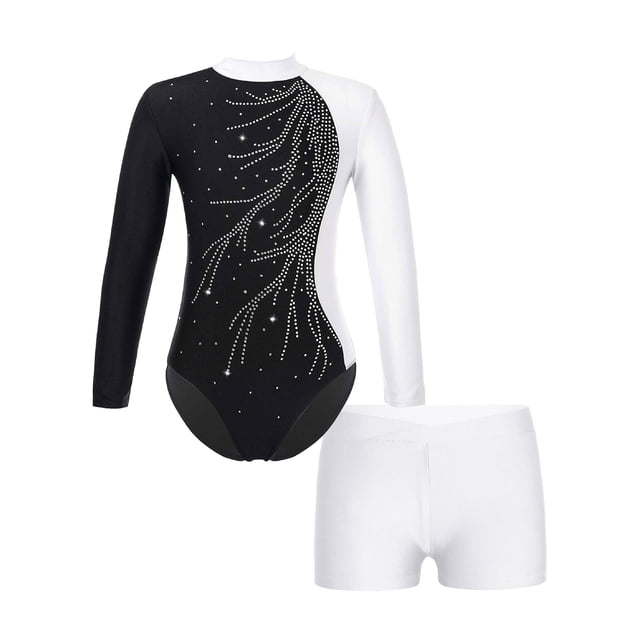 renvena Girls Gymnastics Leotards and Shorts Set Rhinestone Long Sleeve Ballet Unitard Biketards White 10