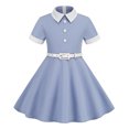 thumbnail image 2 of TopLLC Robe à Manches Courtes à Col Rond Robe d'Été Rétro pour Filles avec Ceinture à la Taille Couleur Bouton Robe à Manches Courtes à Col Rond Robe pour Fille, 2 of 5