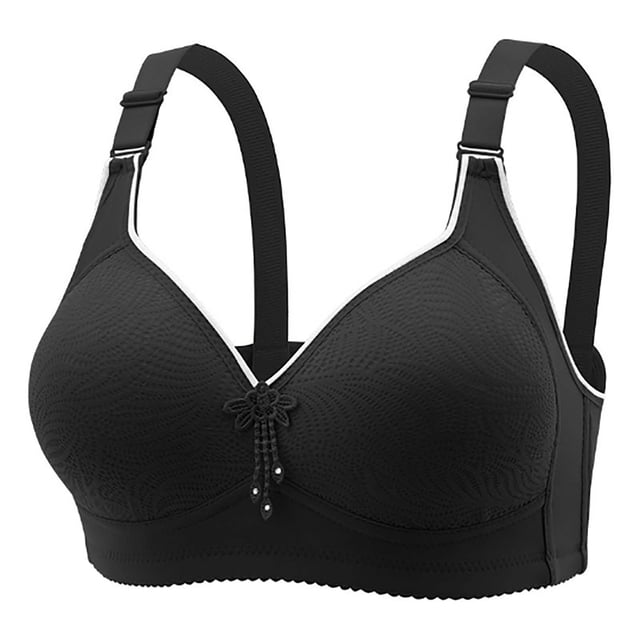 Timegard Bras for Women No Underwire Adjustable Strap Full Coverage Wireless Comfortable Everyday Bras in black. The bra features a breathable, stretchy fabric with a textured pattern, adjustable straps, and a decorative floral accent at the center. Designed for full coverage and comfort, it has a padded interior for added support and a smooth fit. Suitable for pairing with various outfits, including t-shirts, tank tops, and sweaters.